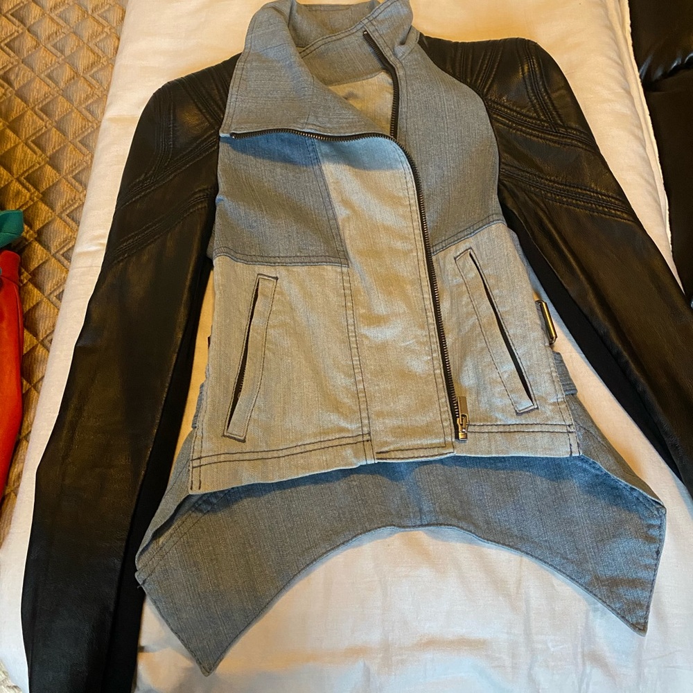 BCBG Denim and leather jacket and leggings set